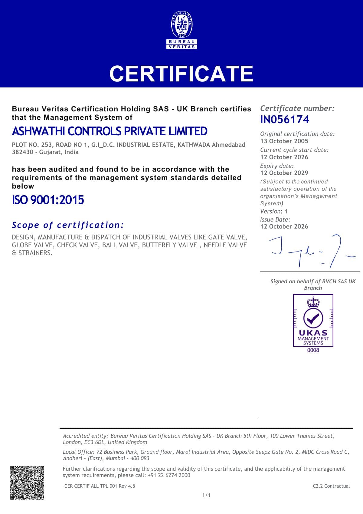 Bureau Veritas Certification ISO 9001:2015 certificate IN056174